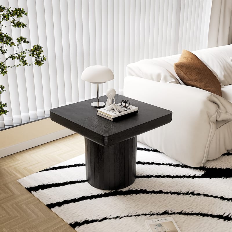 23.6"Modern Solid Wood Veneer End Table, Square Side Table with Parquet Pattern, Grooved Cylindrical Base & Thickened Tabletop