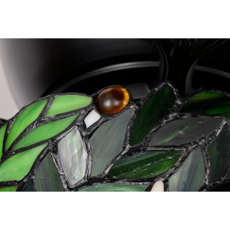 Kyemon 52-Inch Flushmount Lighted Ceiling Fan White Green Fronds Tiffany Glass Lamp Black Finish