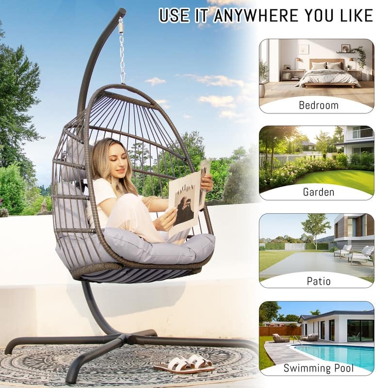 FINCATI Indoor Egg Swing Chair with Stand, 350 lbs Hanging Egg Chair with Stand, Outdoor Patio Wicker Hammock with Stand