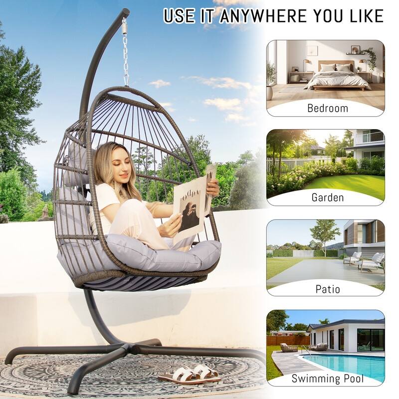 FINCATI Outdoor Oversized Luxury Hanging Egg Chair with Stand, 350 lbs Indoor Egg Swing Chair with Stand, Egg Chair Outdoor