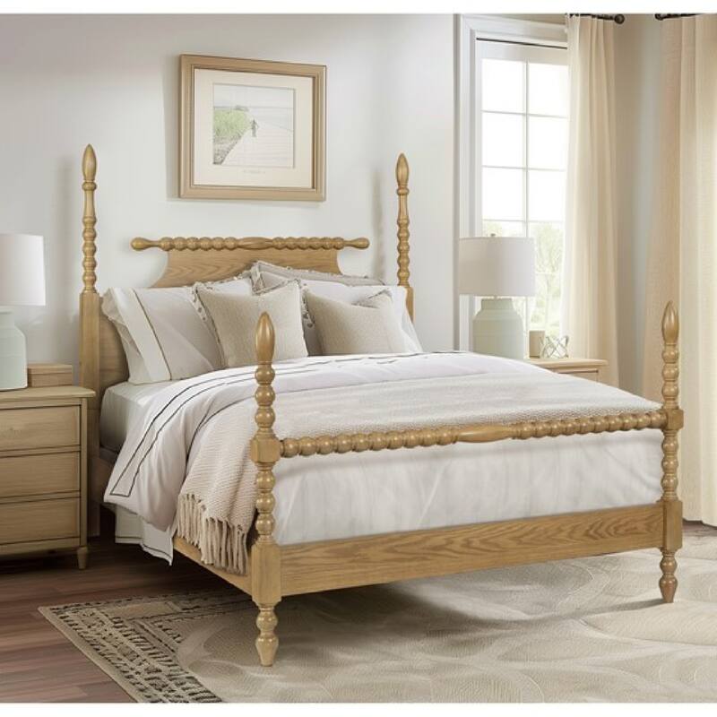 Roomfitters Traditional Four Poster Bed, Queen Size Solid Wood Frame with Rolling Pin Turned Posts and Slats, Natural