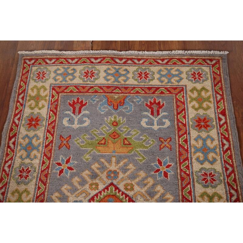 Geometric Gray Kazak Accent Rug Hand-Knotted Wool Carpet - 2'10" x 3'10"