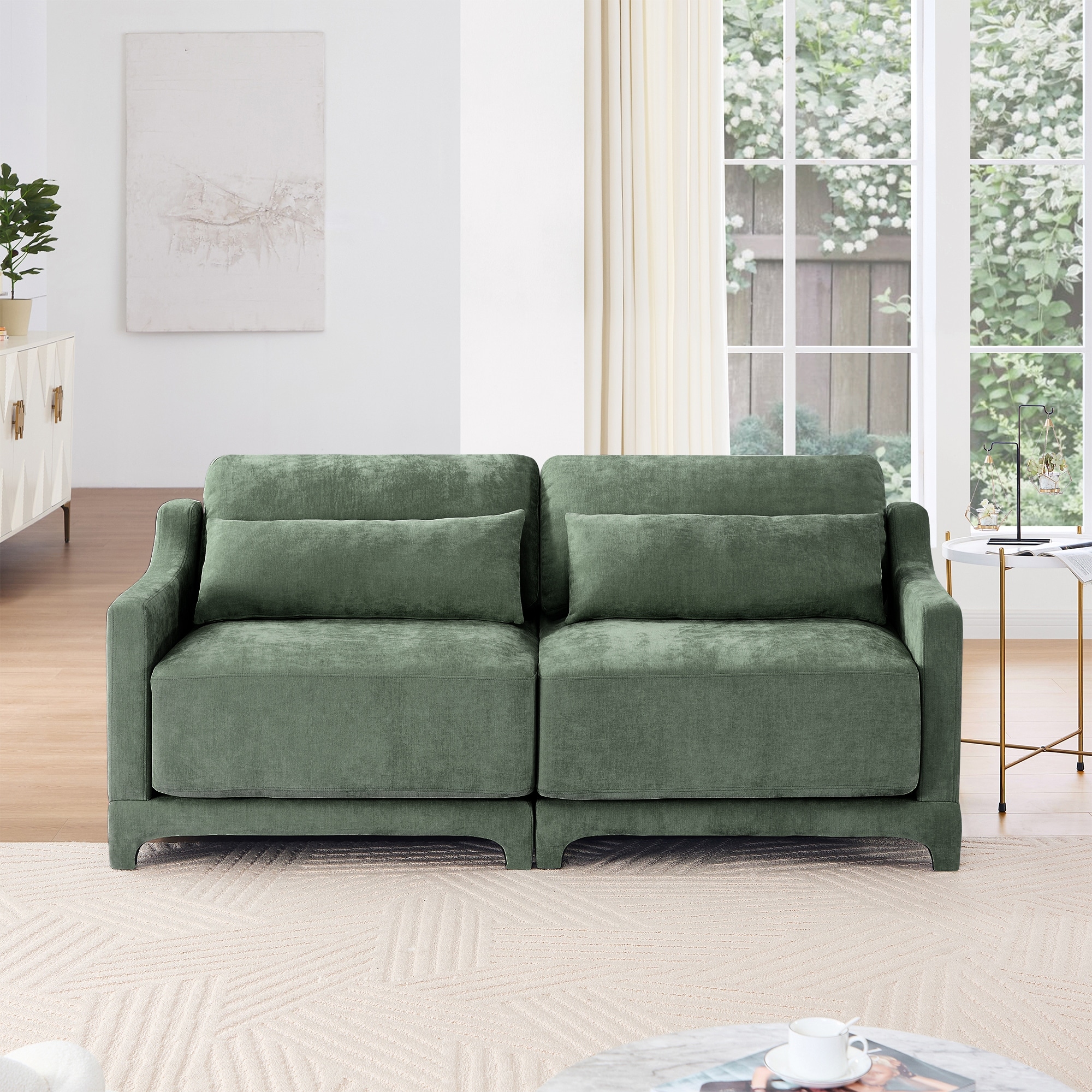Two-Seater Chenille Fabric Sofa With 2 Lumbar Pillows Ergonomic High-Quality Wood Frame