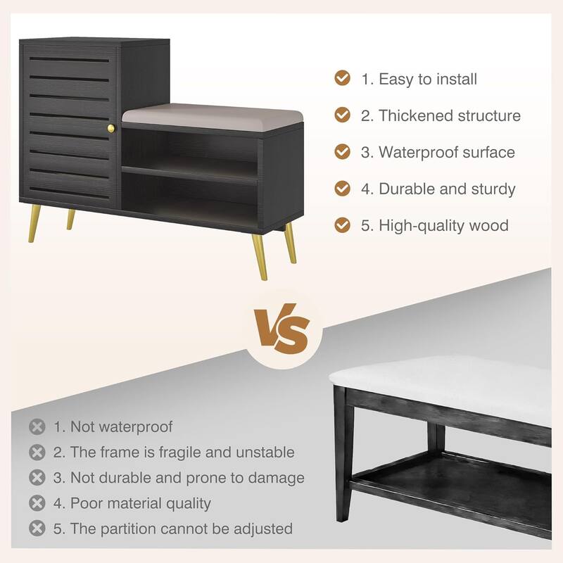 VECELO L-Shaped Entryway Bench with Cushion Shoe Storage Bench with Louvered Door & Open Shelves Hallway Seat Organizer