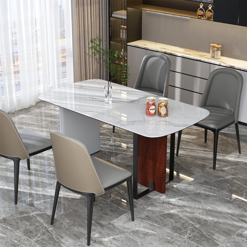 63" Dining Table Long Rectangular Kitchen Table with Sintered Stone Tempered Glass-top