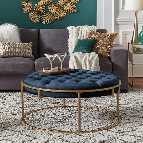 Perdita Gold Finish Velvet Round Tufted Cocktail Ottoman By Inspire Q Bold On Sale Overstock 31302701