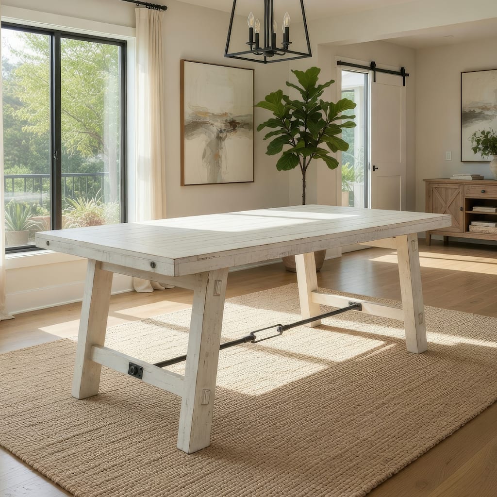 Rena Dining Table with Turnbuckles, 74 Inch Off-White Mahogany Wood
