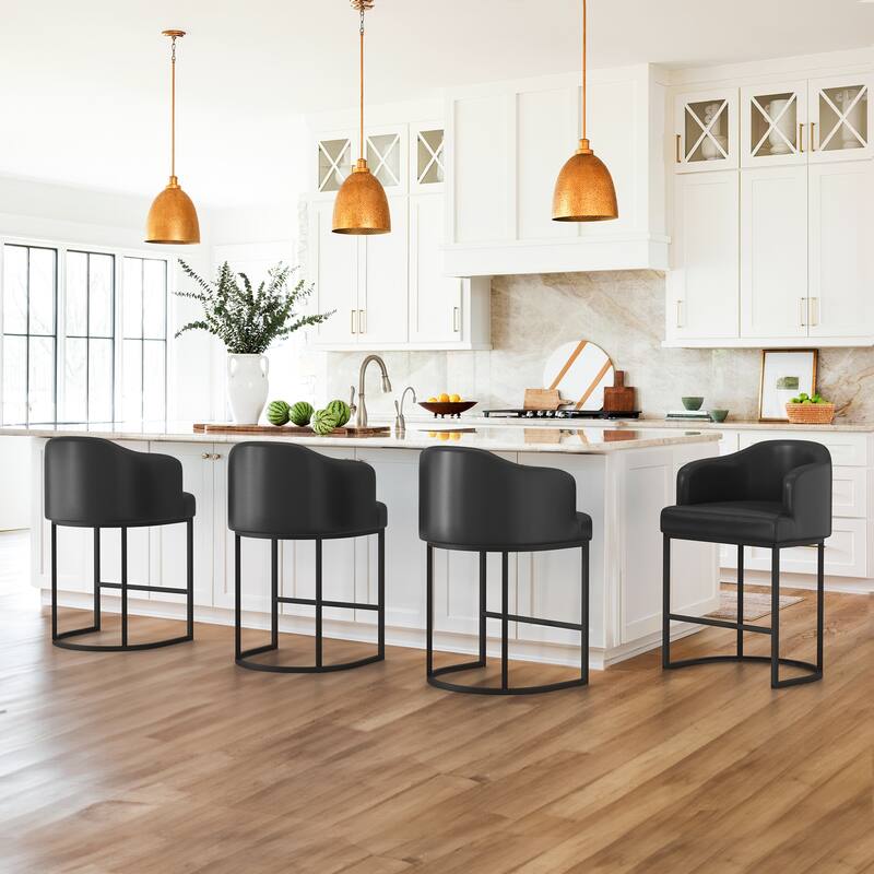 26.in Modern Set of 4 Barstool Fabric/Leather Upholstered Counter Height Stool with Metal Frame for Kitchen Island - Black/Faux Leather