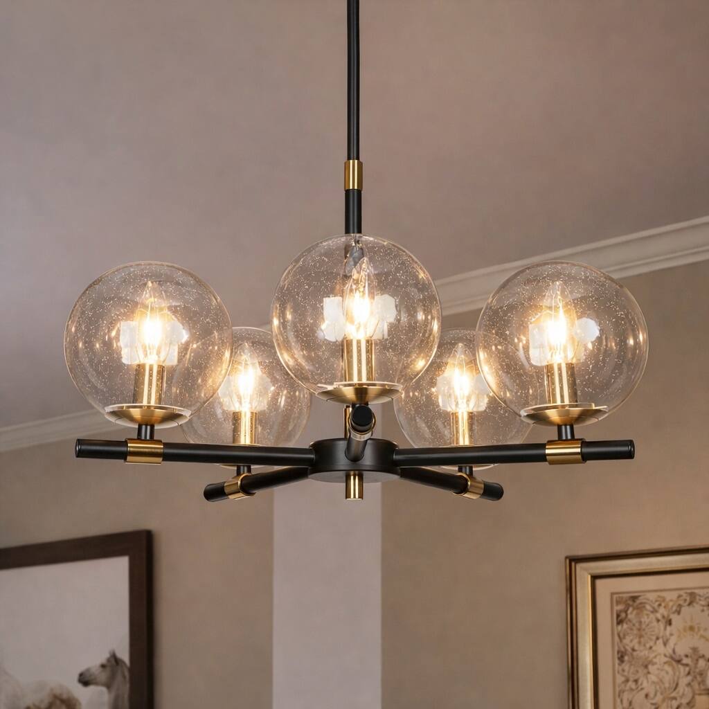 Modern Industrial 5-Light Matte Black/Gold Chandelier Globe Glass Shades Pendant Light Fixture for Dining Room - 22" D x 14" H