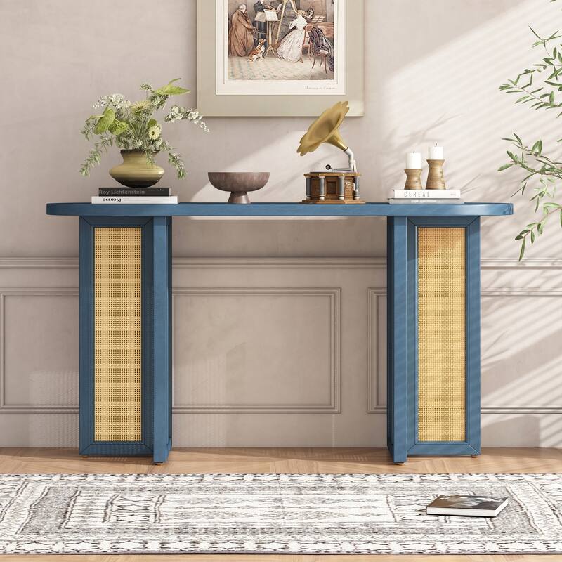 Farmhouse Rattan Console Table Entryway Table - Navy