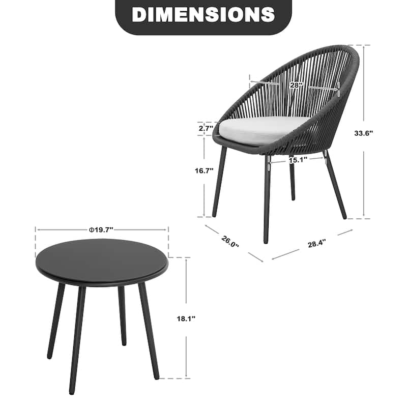 Outdoor 3 Pieces Patio Woven Rope Bistro Set with Cushions