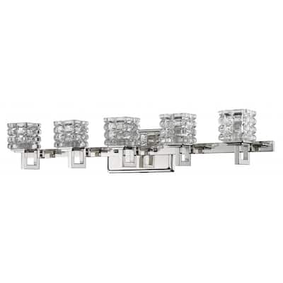 5-Light Silver Flush Mount Vanity Light Fixture with G9 LED Bulbs and Steel Body and Crystal Shades - 5.75" H x 30" W