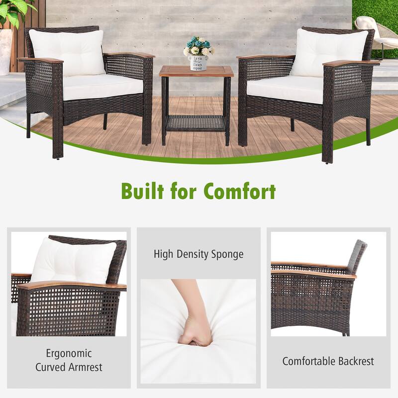 3 PCS Patio Sofa Set Rattan Conversation Set with 2 Tier Coffee Table