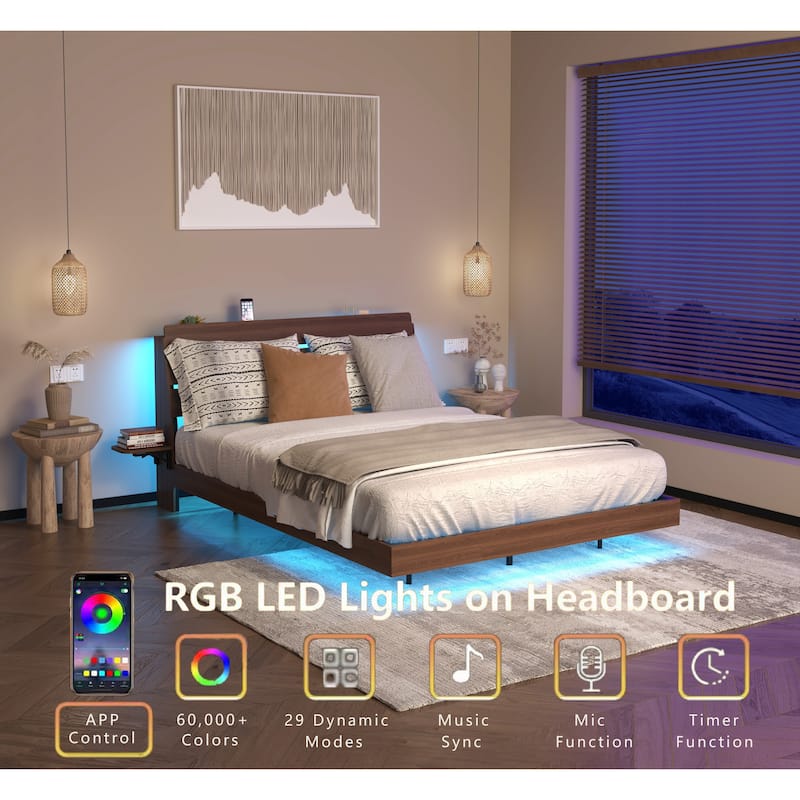Wood Queen Size Floating Bed Frame with Led Lights, Foldable Side Tabletop and Storage Headboard Built-in Charging Station