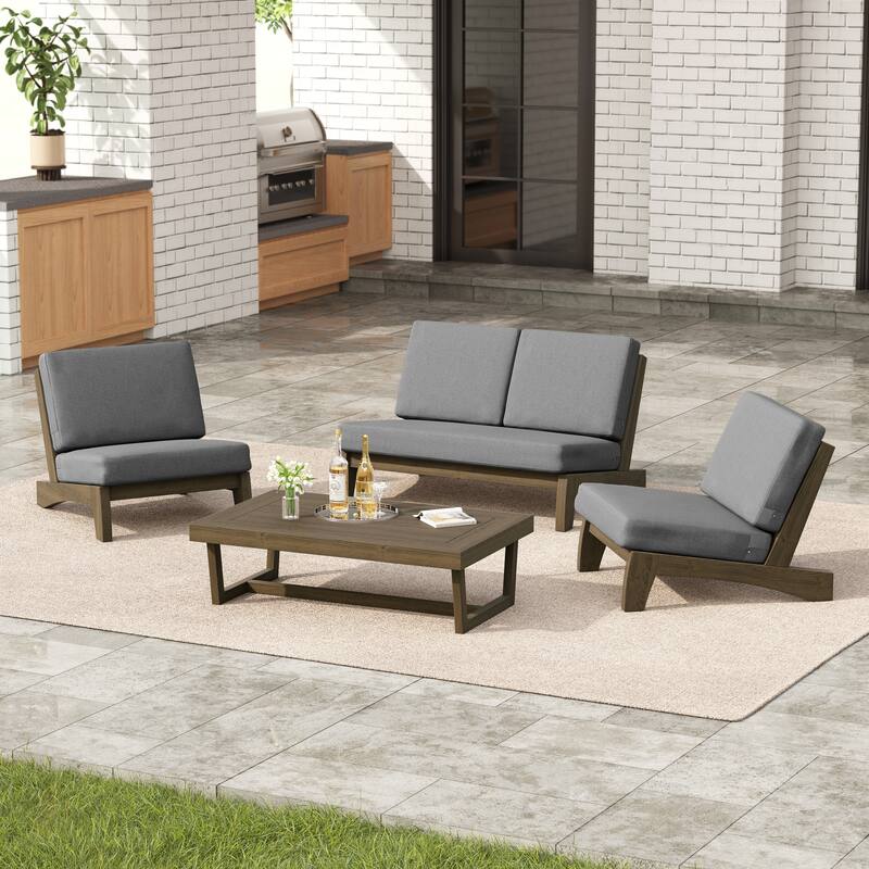 4 Set Outdoor Patio Teak Wood Club Chairs Loveseat with Cushion