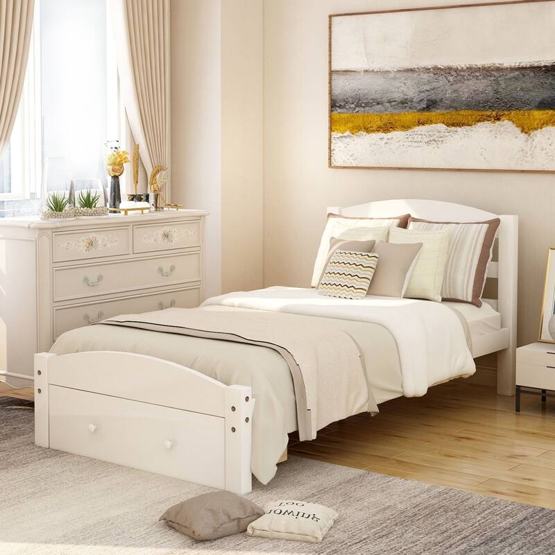 Oaks Aura Platform Twin Bed Frame with Storage Drawer and Wood Slat Support No Box Spring Needed, 4 Colors - White
