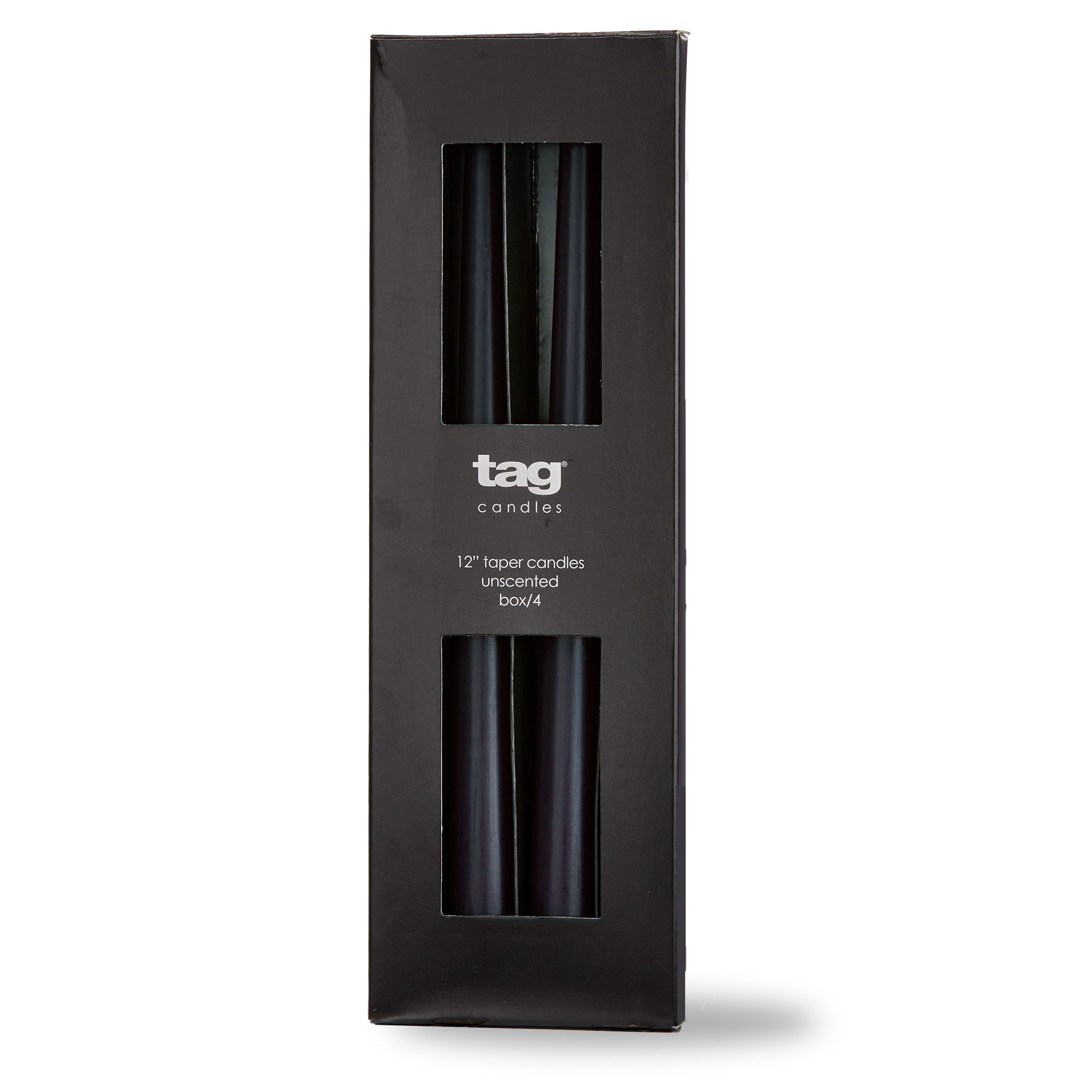 Color Studio 12" Traditional Taper Unscented Smokeless Paraffin Wax Candle Black Set of 4 Burn Time 8 hrs.