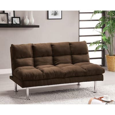 Contemporary Style Futon Sofa Bed Microfabric Converted Into Bed Wit Extra Leg Support Chrome Base Legs Dark Brown Finish