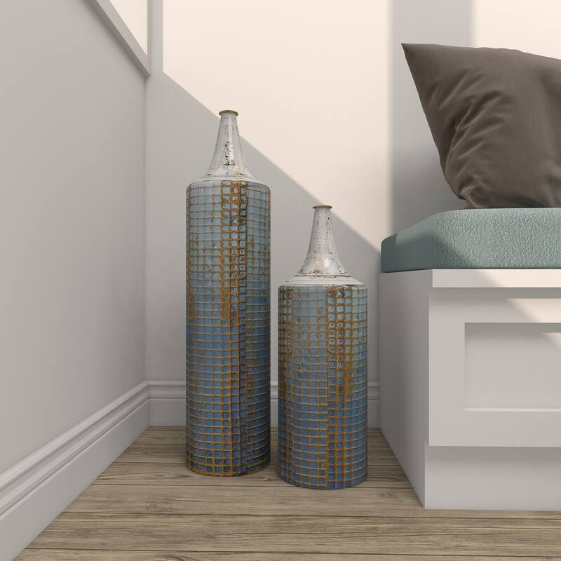 Blue Metal Distressed Tall Geometric Decorative Vase with Grid Pattern and Gold Accents (Set of 2)