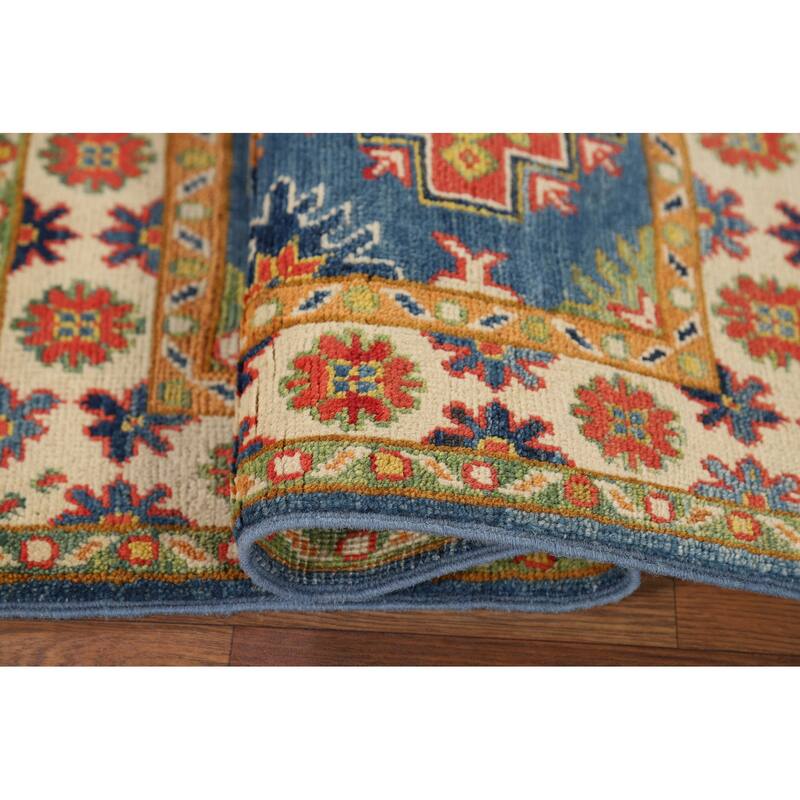 Blue Geometric Kazak Oriental Accent Rug Hand-Knotted Wool Carpet - 1'11" x 3'0"