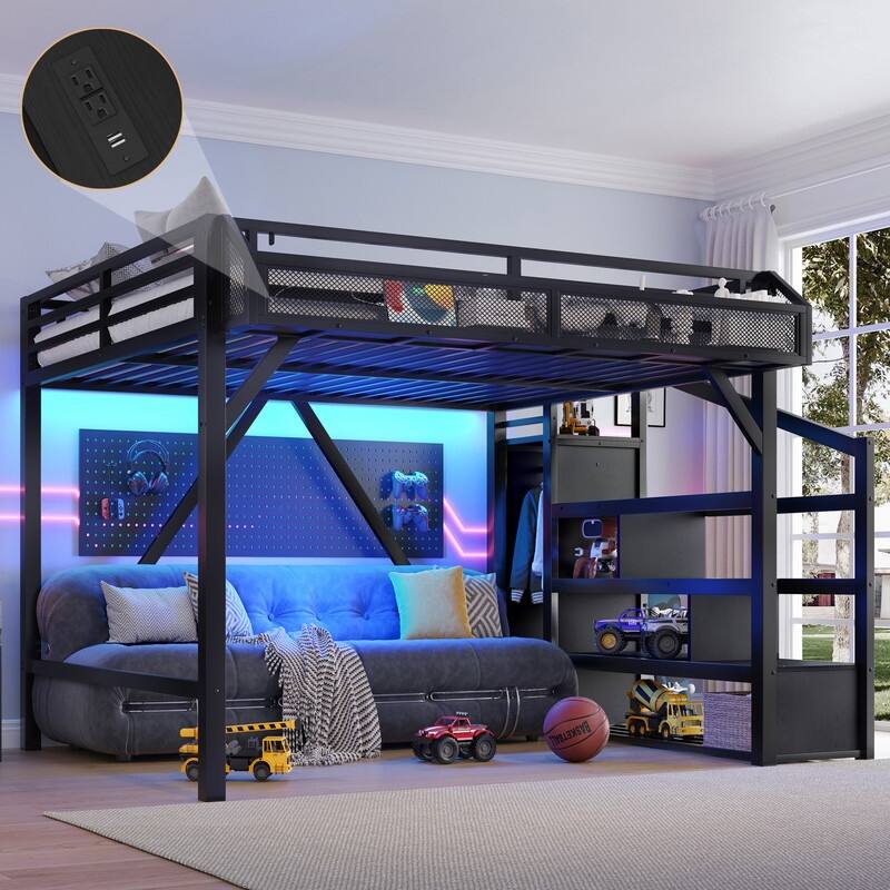 Queen Size Loft Bed with Storage Staircase & Open Wardrobe, Metal Kids Teens Bed Frame with Charging Station & LED Light - Black