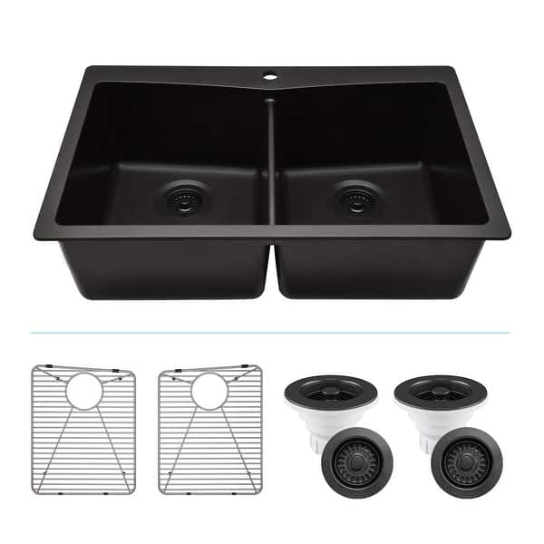 slide 2 of 38, Lexicon Platinum Quartz 33 Inch Double Equal Bowl Undermount Kitchen Sink with Bottom Grids and Strainers , Disposal Flange