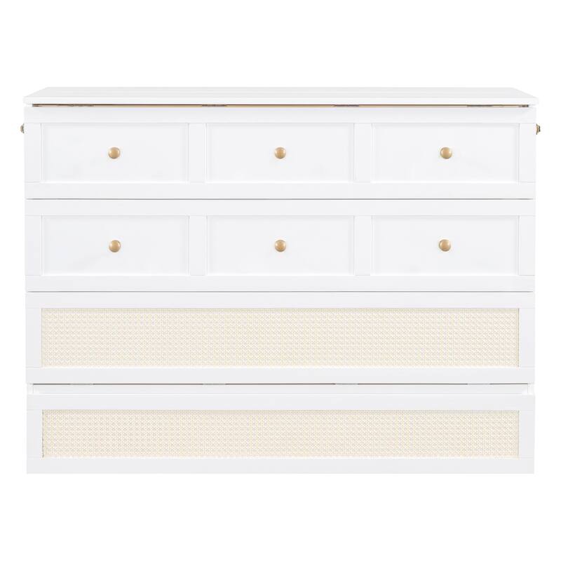 Full Size Murphy Bed Hidden Cabinet Bed with Drawer Underneath and Rattan Patterned, Clever Space Utilization Classic White