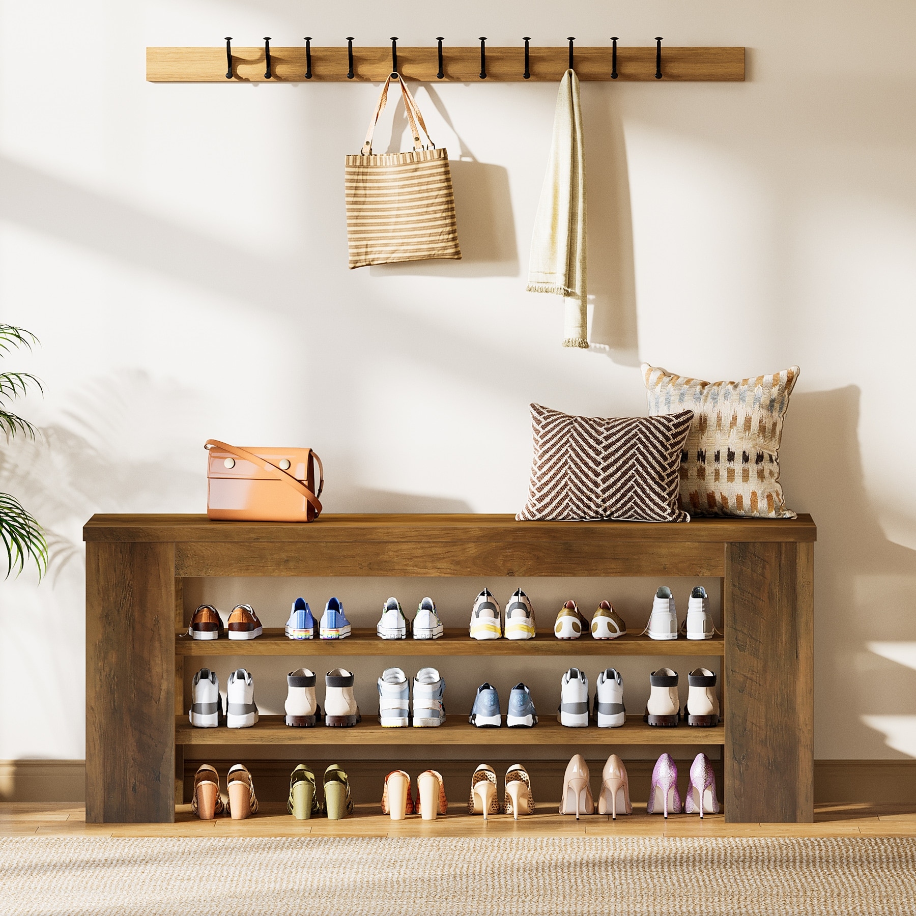 47'' Rustic Brown Wood 3-Tier Shoe Bench with Open Storage, Entryway Bench