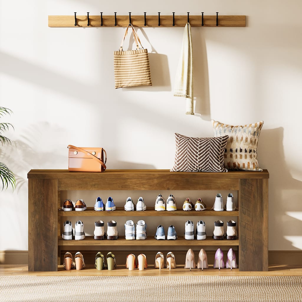 47'' Rustic Brown Wood 3-Tier Shoe Bench with Open Storage, Entryway Bench