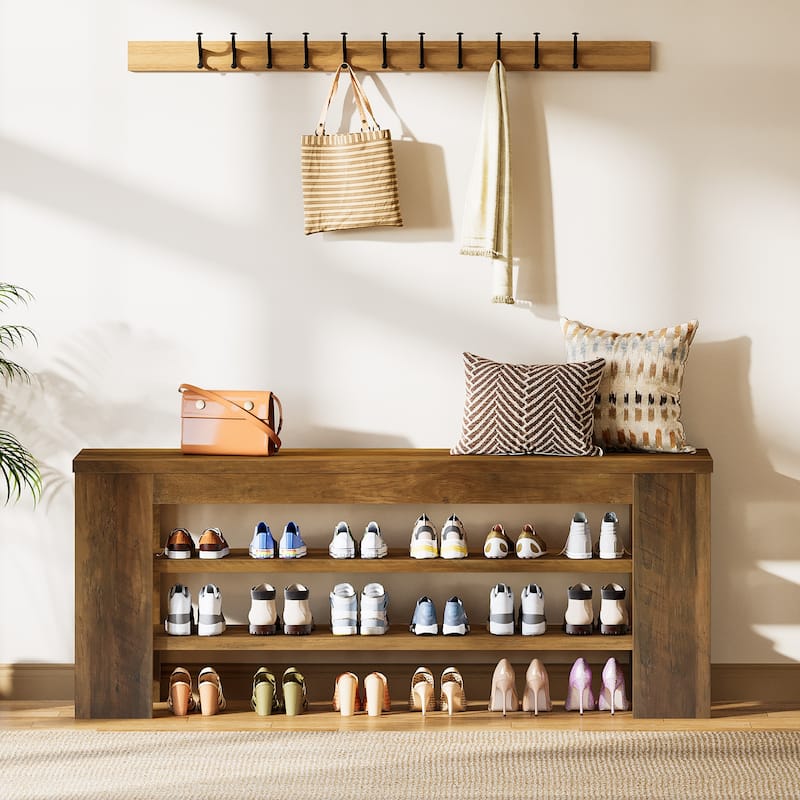 47'' Rustic Brown Wood 3-Tier Shoe Bench with Open Storage, Entryway Bench - Brown