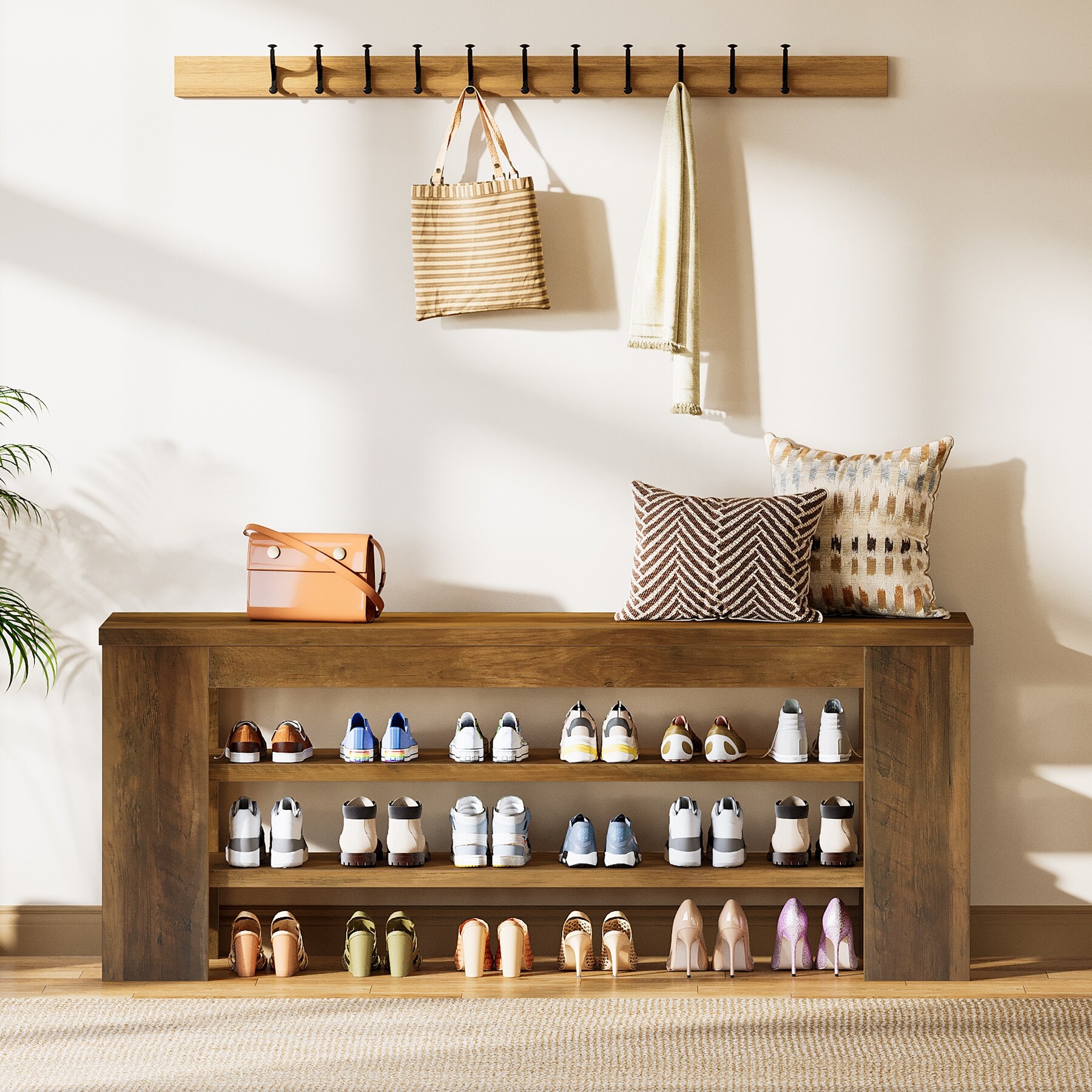47'' Rustic Brown Wood 3-Tier Shoe Bench with Open Storage