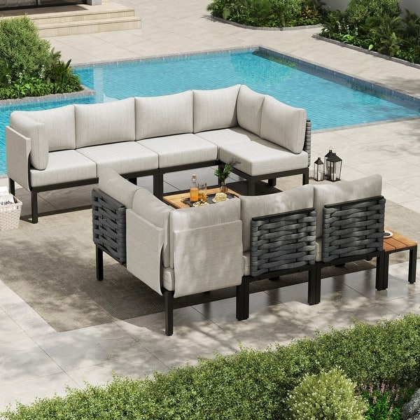 Outdoor Patio Furniture Set, L-Shaped Sectional Sofa with 6" Thick Cushion & Coffee Table for Backyard, Porch