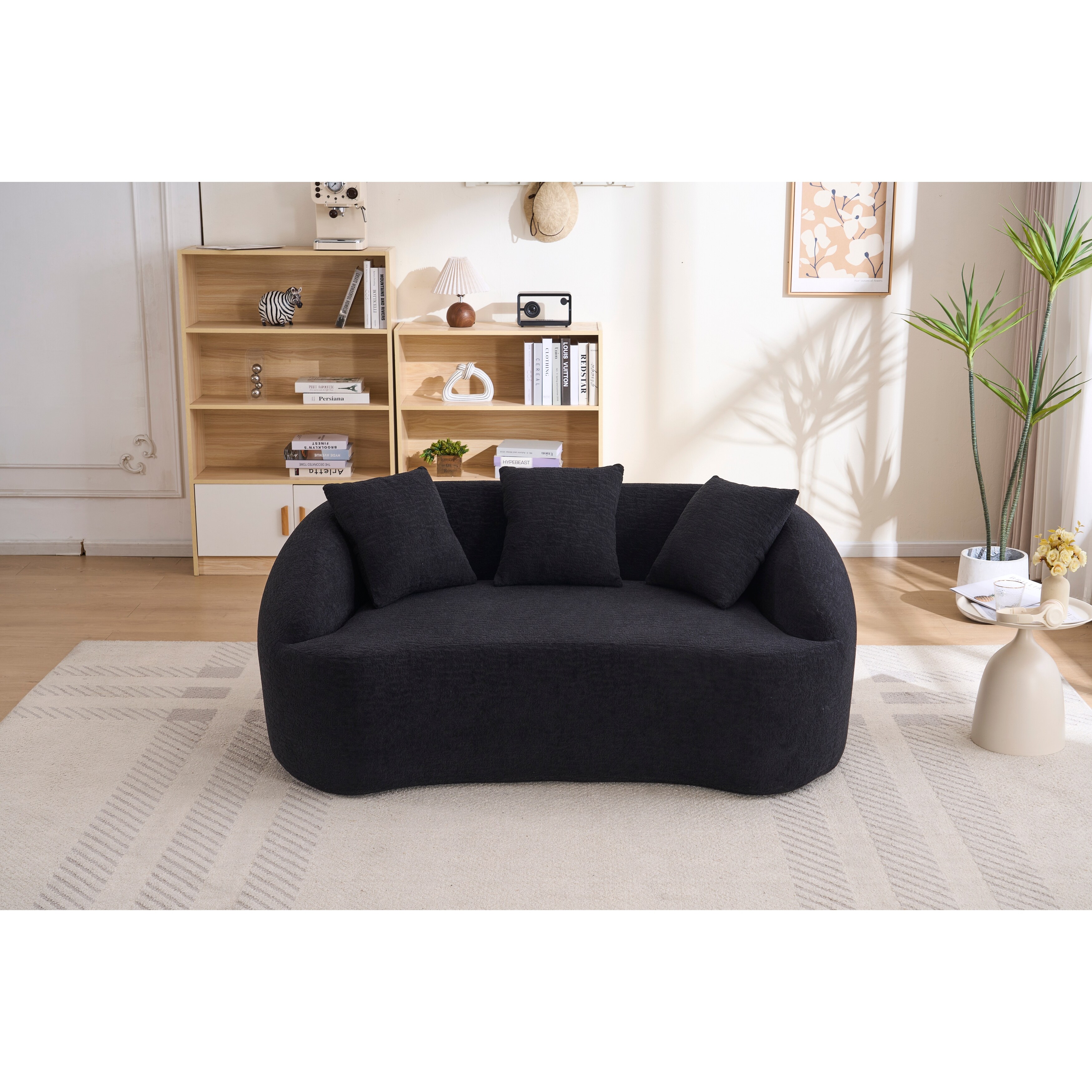 Curved Modern Boneless Loveseat: Upgraded Backrest, 2-Seater Off-White Chenille Couch, 3 Pillows – Modular Minimalist.