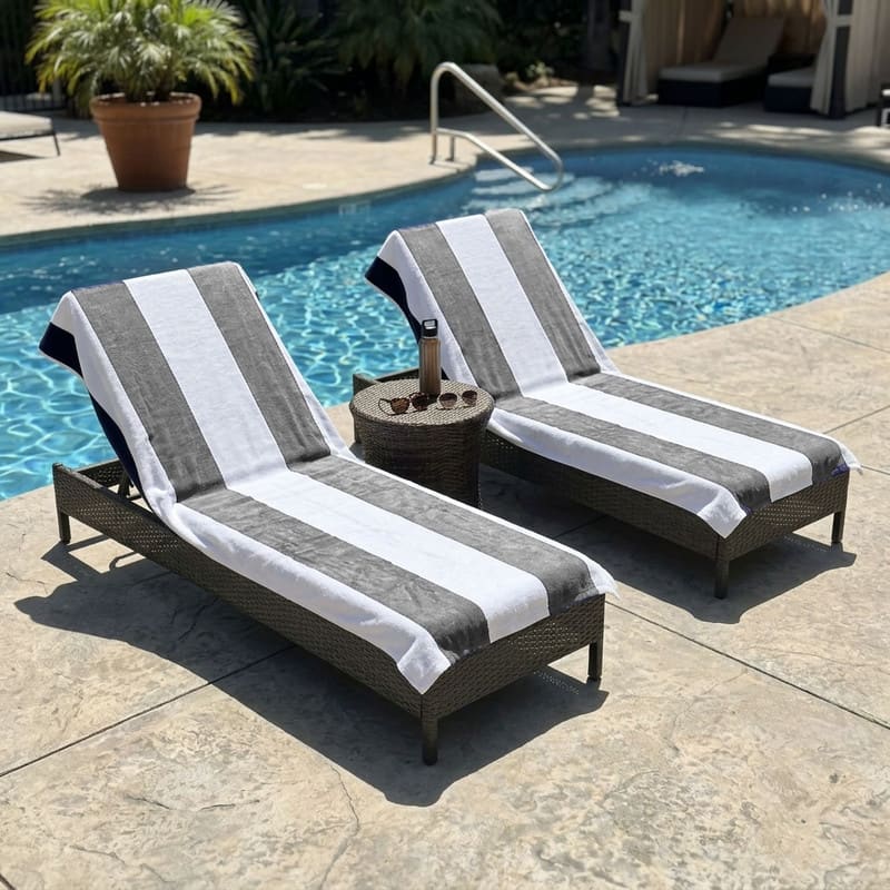 100% Cotton Cabana‑Stripe Lounge Chair Cover Terry Towel with Fitted Pocket & Back Flap Set of 2 - Light Grey