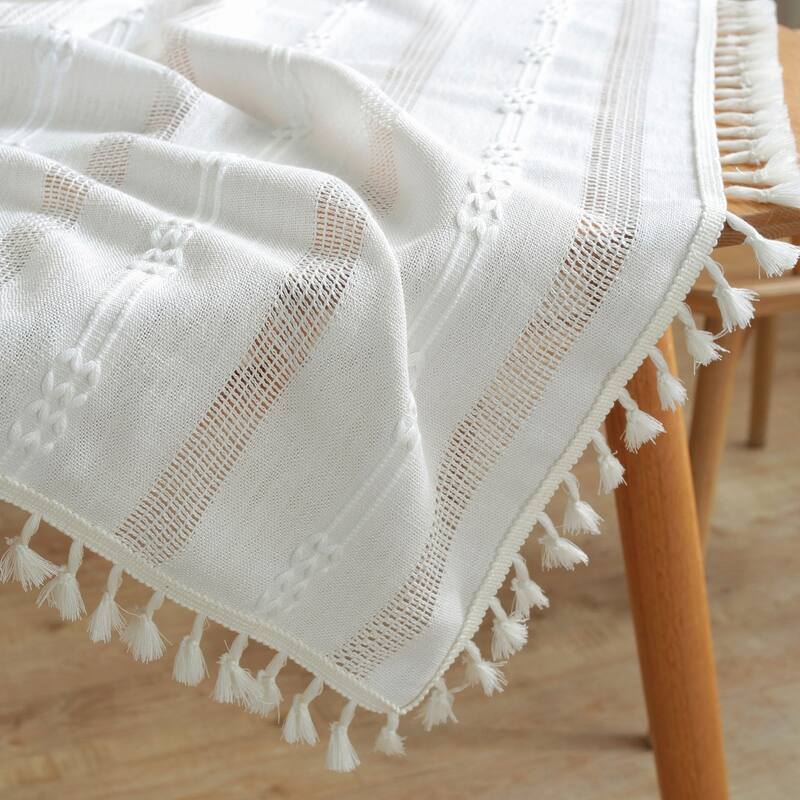 Enova Home High Quality Rectangle Cotton Linen Washable Tablecloth Stripe with Tassel for Home Party Wedding Dining Table