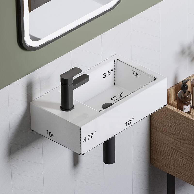 HOROW Left-Handed White Ceramic Wall-Mounted Rectangular Vessel Sink in Porcelain - N/A