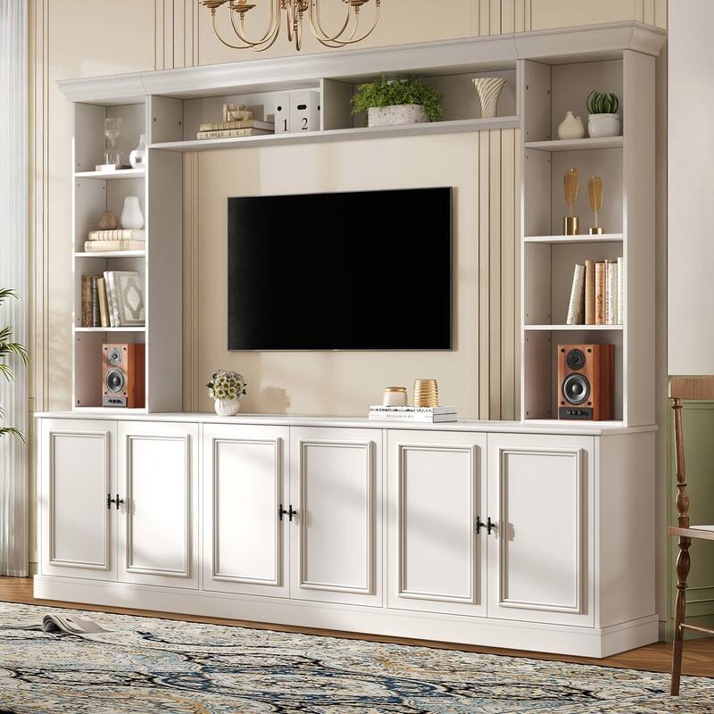 4-Piece Wall Unit Entertainment Center with Bookshelf for TVs Up to 70", Mid-Century Modern 97.4" TV Stand with Adjustable Shelf