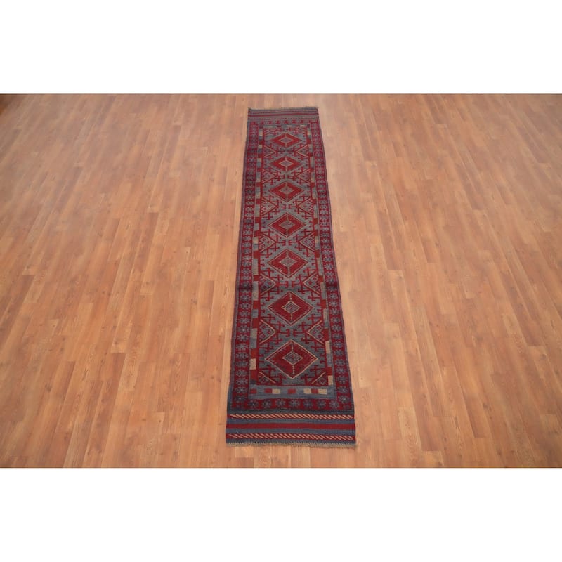 Hand Knotted Oriental 100% Wool Carpet Traditional Tribal Navy Blue & Blues Balouch Runner Rug - 8' 8'' X 1' 11''