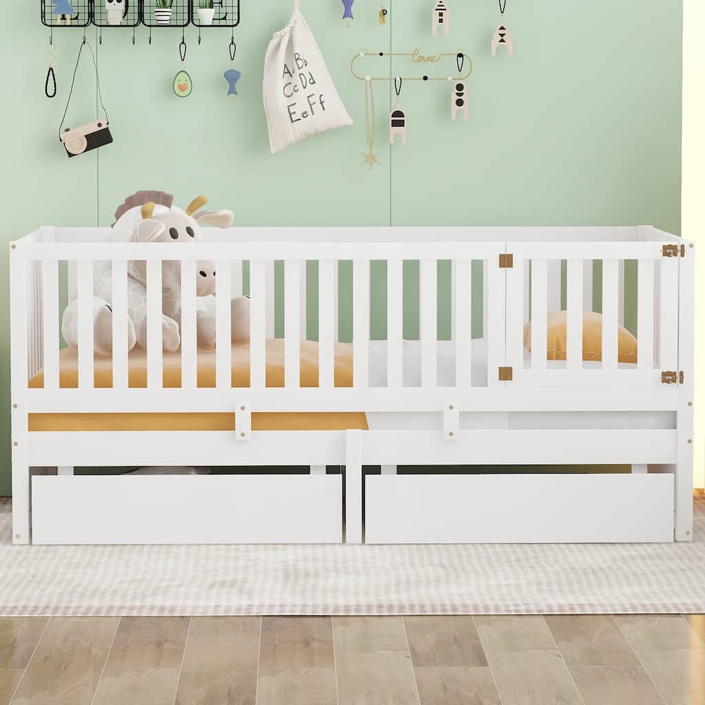 Sturdy Floor Bed with Fence Guardrails and 2 Drawers