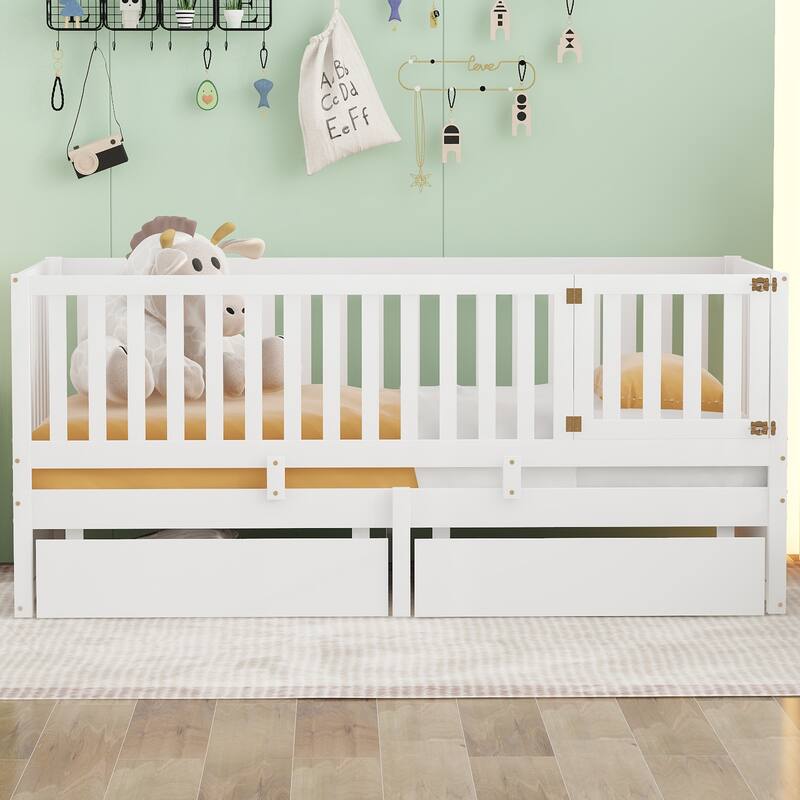Wood Floor Bed Daybed Bed Frame with 2 Drawers - White - Twin