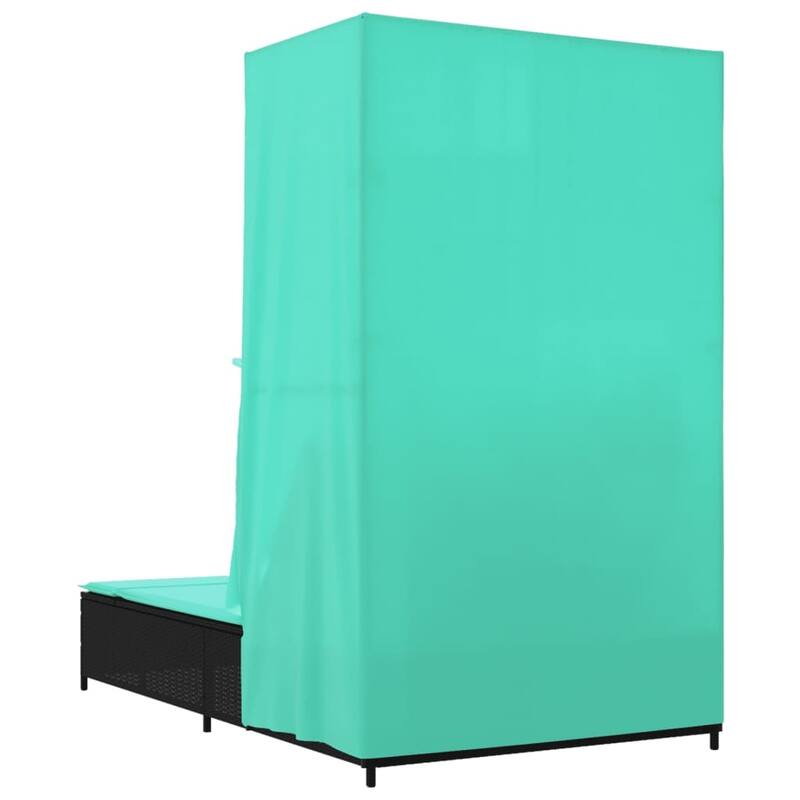 vidaXL Double Sun Lounger with Roof and Curtains Poly Rattan Brown/Gray/Black - 40.9" x 77.6" x 76"