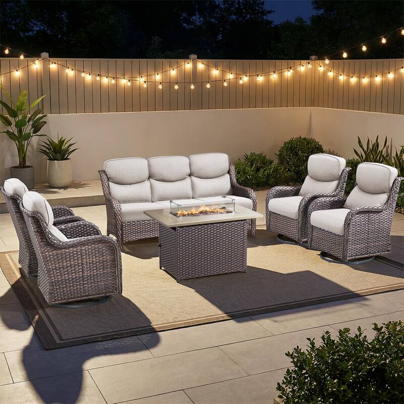 Pocassy Outdoor Fire Pit Sofa Swivel Chairs Ottoman Furniture Set - Brown Wicker Beige Cushion - 6-Piece Sofa Swivel Chair w/ Fie Pit Table