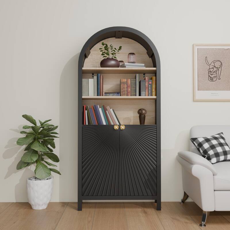61" Tall Arched Bookcase Cabinets, Wood Bookcase with Storage, Mid-Century Modern 5-Tier Bookshelf with Door, Open Shelves - Black