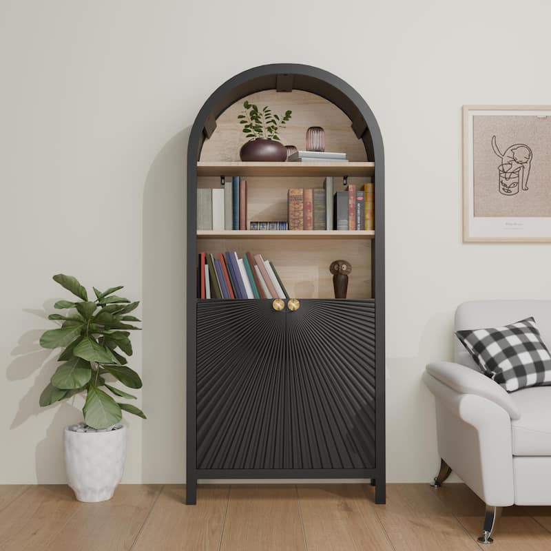 61" Tall Arched Cabinets,Bookcase with storage,Mid-Century Modern 5-Tier Bookshelf with Door,Black - Black