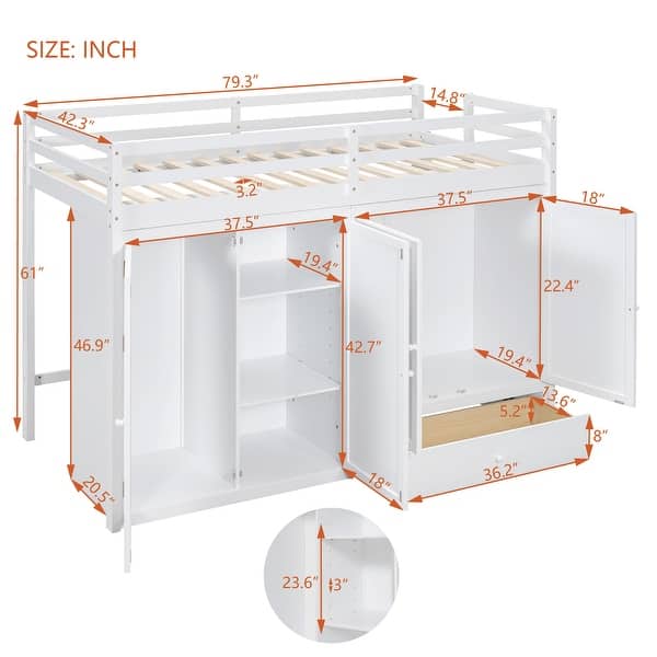 dimension image slide 1 of 2, Twin size Loft Bed with Drawer, Two Wardrobes and Mirror