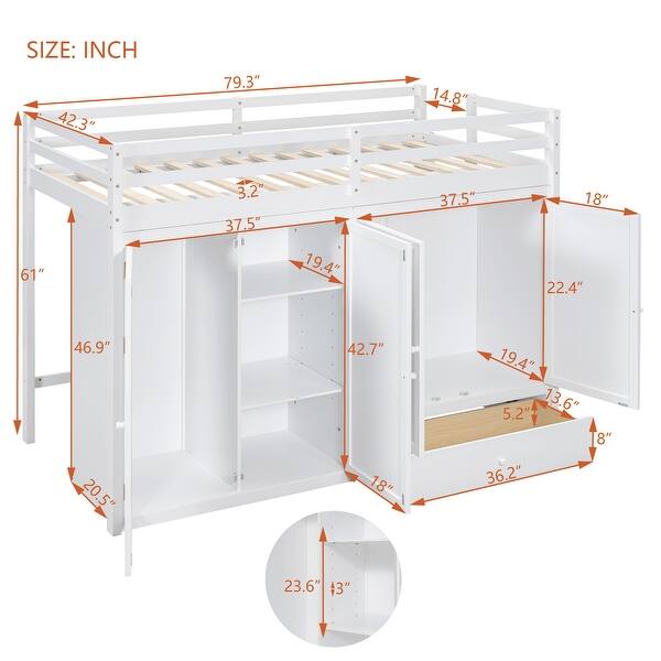 White Twin size Solid Wood Loft Bed with Drawer, Two Wardrobes and Mirror for Bedroom