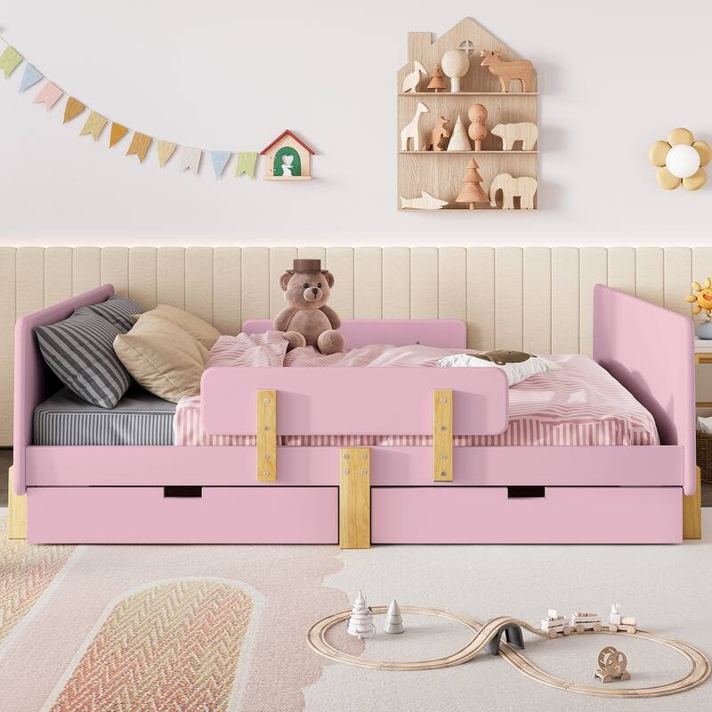 Full Size Platform Bed with Storage Drawers, Solid Wood Beds Frame with Bed Guardrail, Small Shelf, and Hooks