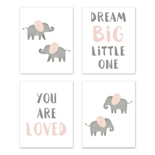Sweet Jojo Designs Blush Pink Grey Watercolor Elephant Safari Collection Wall Decor Art Prints (Set of 4) - Dream Big