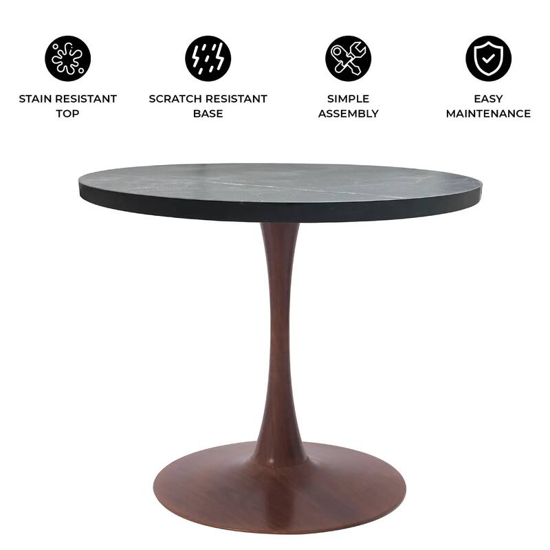 Bristol 27" Round Dining Table with MDF Top and Walnut Steel Pedestal Base for Modern Kitchen and Dining Room