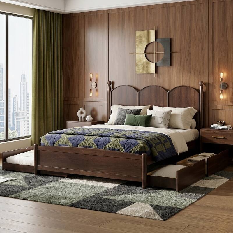 Queen Platform Bed with Twin XL Trundle & Dual Storage Drawers by Harper&Bright Designs - Walnut